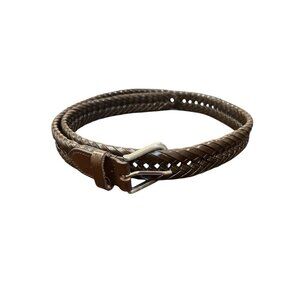 Men's Braided Belt Brown Genuine Leather Woven Casual Belt Size 34 Silver Buckle